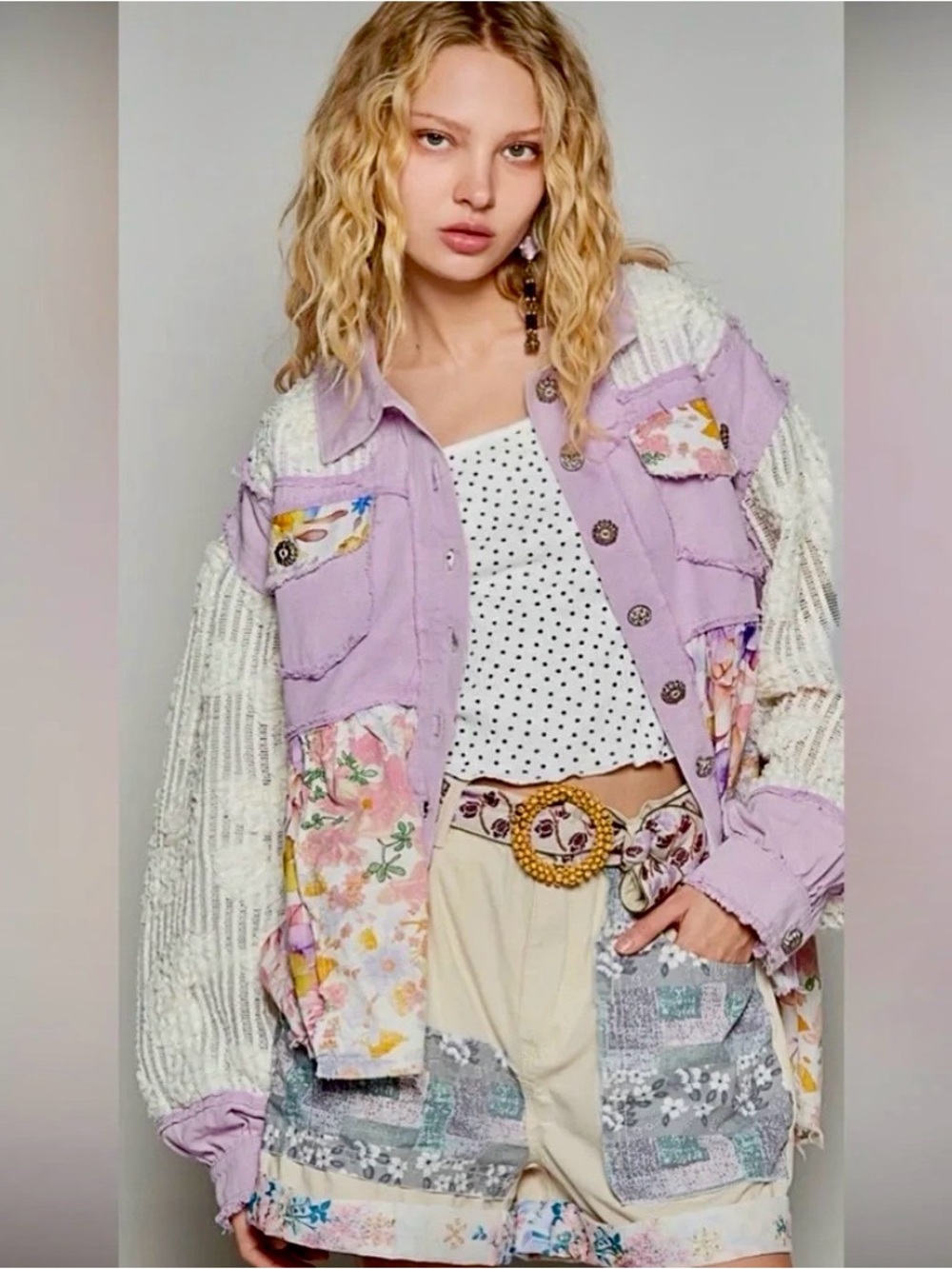 POL Lavender Patchwork Button-Front Shacket with Cream Sleeves